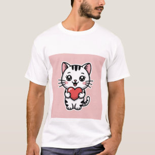 T-shirt Mignon Chat Tabby Blanc Kawaii Tenant un Cœur Roug