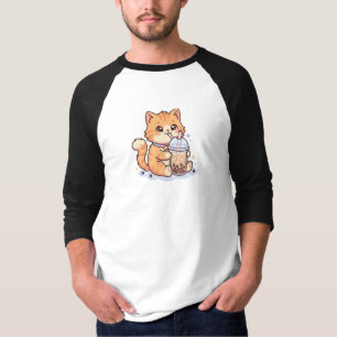 T-shirt Mignon Chat Tigre Orange Kawaii Buvant du Boba Bub