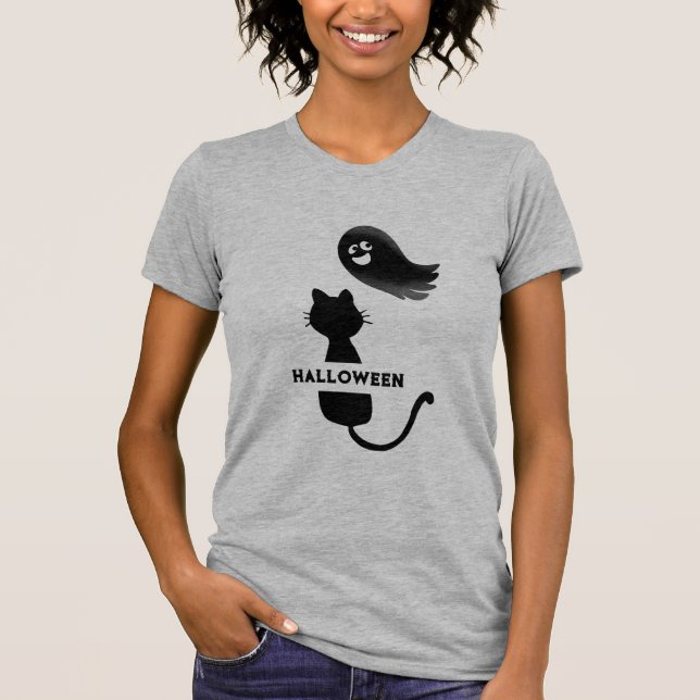 T-shirt mignon fantôme de chat noir halloween femme T-shir (Devant)