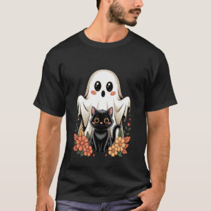 T-shirt Mignon Fantôme Rétro Chat Noir Floral Halloween Ef