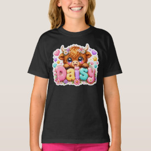 T-shirt Mignon Kawaii Daisy Highland Cow Nom Rose Pastel F