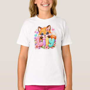 T-shirt Mignon Lily Fox Nom Pastel Rose Floral Bois