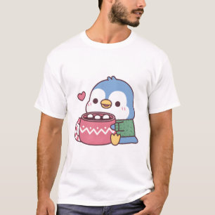 T-shirt Mignon manchot bleu adore le cacao chaud avec guim
