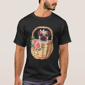 T-shirt Mignon Pug Dans Panier De Fleurs Propriétaire De P