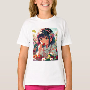 T-shirt Mignonne Anime Girl Mange des fraises   Jour d'été