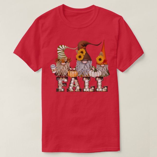 T-shirt Mignonne Automne 3 Gnomes Automne Café Citrouilles (Design devant)