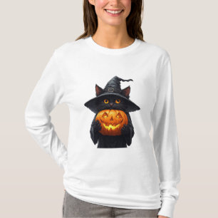 T-shirt Mignonne chatte sorcière noire tenant une citrouil