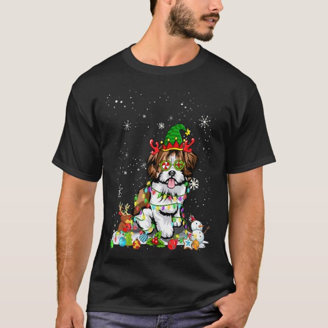 T-shirt Mignonne Chih Tzu Chien Elf Casquette Feux de Noël (Devant)