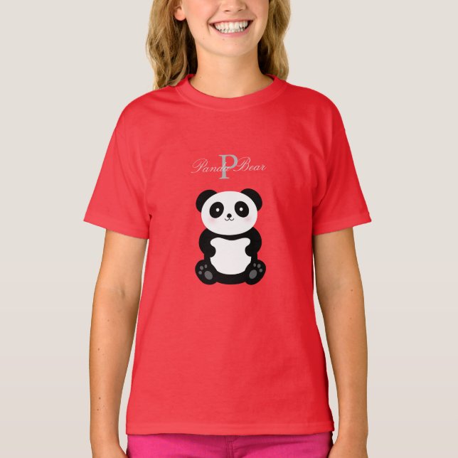 T-shirt Mignonne fille bébé Panda Ours Monogramme (Devant)