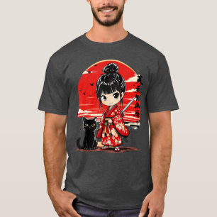 T-shirt Mignonne Fille de Samouraï Kawaii et Chat Anime Ja