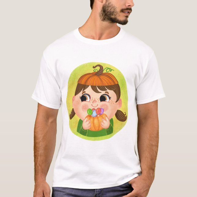 T-shirt Mignonne fille en costume d'Halloween Citrouille (Devant)