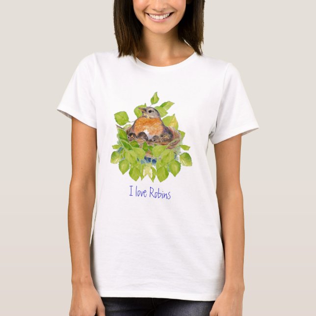 T-shirt Mignonne J'aime Robins, Robin sur Nest (Devant)