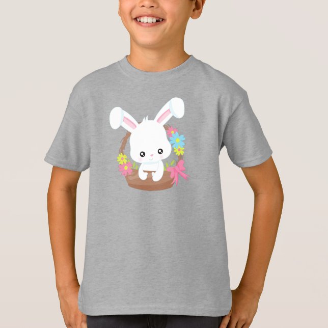 T-shirt Mignonne lapin, Lapin Blanc, Lapin, Panier, Fleurs (Devant)