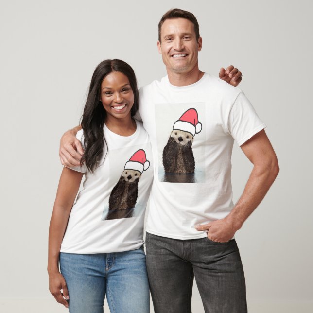T-shirt Mignonne Otter portant un chapeau de Père Noël (Unisexe)