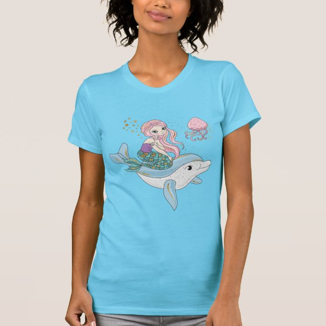 T-shirt Mignonne sirène chevauchant un dauphin sous la mer (Devant)