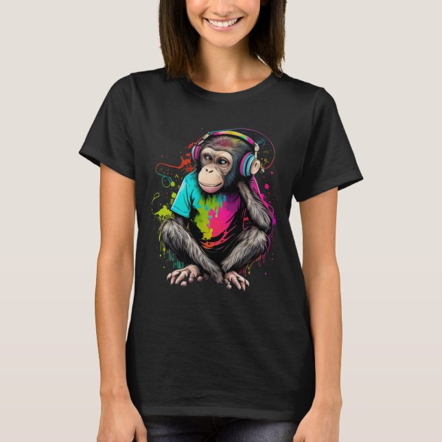 T-shirt Mignons Singe Écouter Musique, Musique Singe Obséd (Devant)