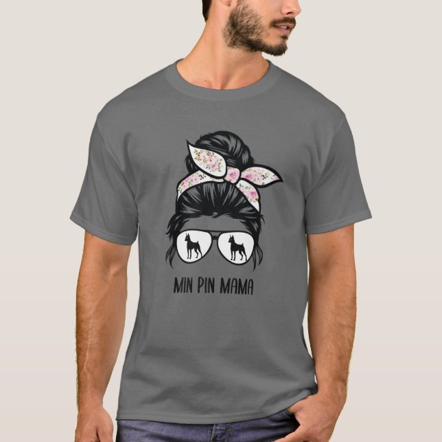 T-shirt Min Pin Maman Messy Bun Lunettes de cheveux Miniat (Devant)