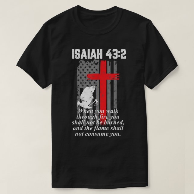 T-shirt Mince ligne rouge pompier Croix Bible Verse Amériq (Design devant)