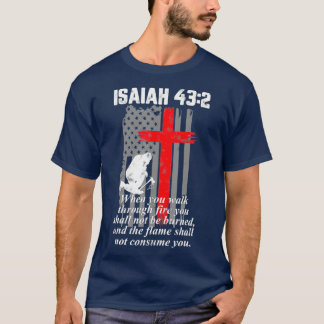 T-shirt Mince ligne rouge Pompier Croix Bible Verse Drapea