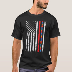 T-shirt Mince Red Line Firefighter Support Autisme 4 Juill