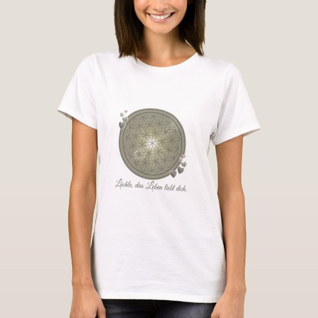 T-Shirt mit Blume des Lebens & Blüten, Grün, Herz (Vorderseite)