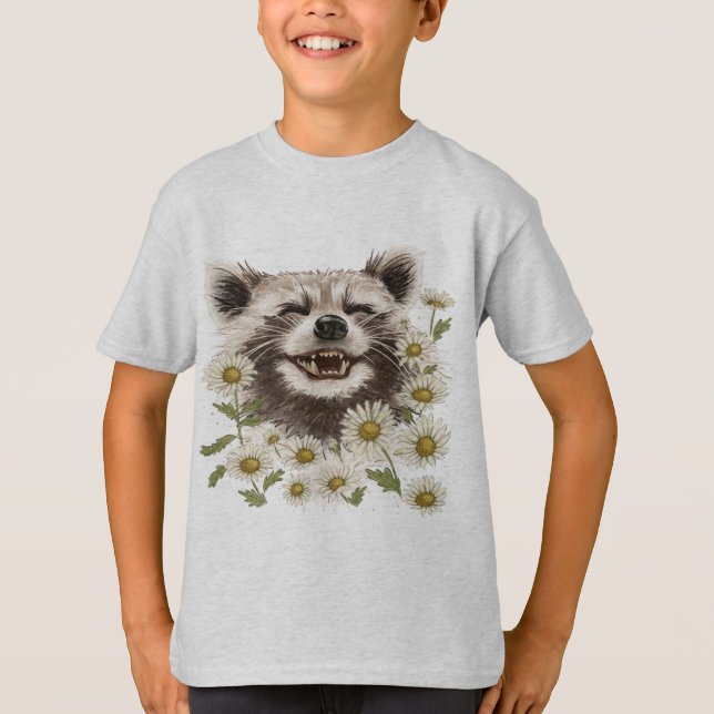 T - Shirt mit dem Druck eines glücklichen Renncoon (Vorderseite)