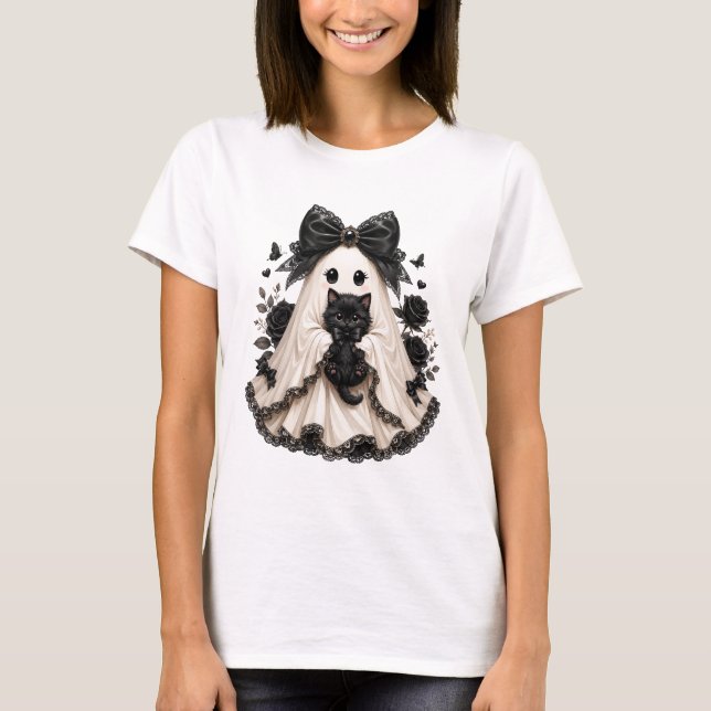 T-Shirt mit Geist und schwarzer Katze im gotischen (Vorderseite)