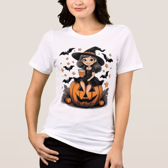 T - Shirt mit niedlichem Kürbishexenmotiv (Vorderseite)