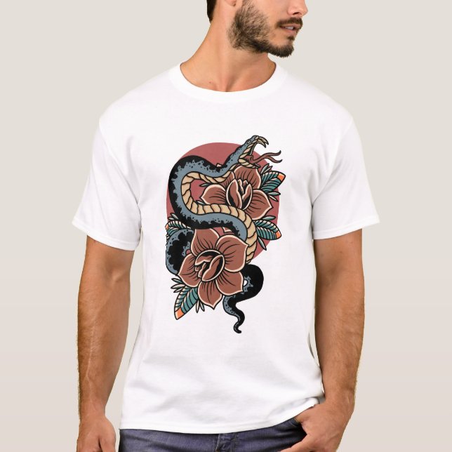 T-shirt Modèle de tatouage à l'ancienne de serpent rose (Devant)