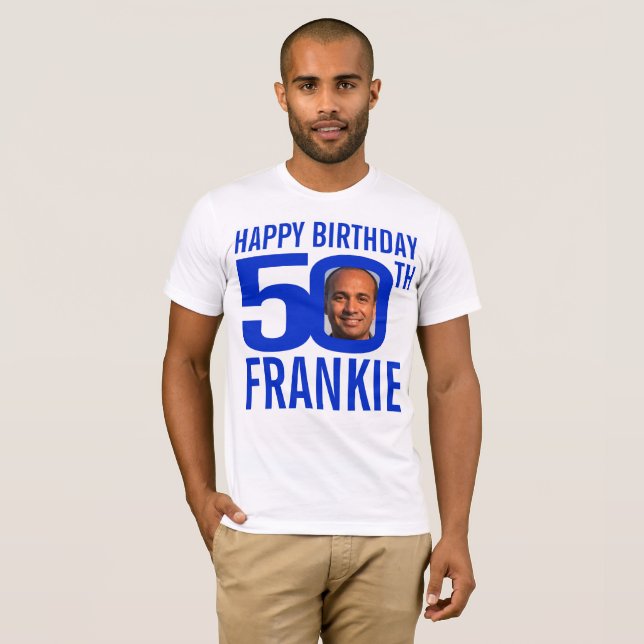 T-shirt modèle photo de nom personnalisé bleu 50e annivers (Devant entier)