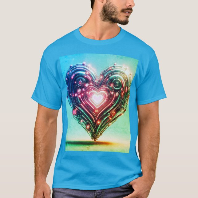 T-shirt Moderne Futuriste Vert et Rose Coeur (Devant)