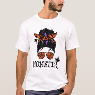 T-shirt Momster Messy Bun With Orange Spiders - Halloween