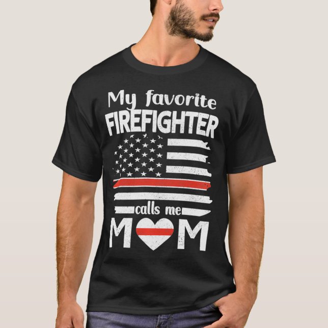 T-shirt Mon Favori Pompier M'Appelle Maman Mince Ligne Rou (Devant)