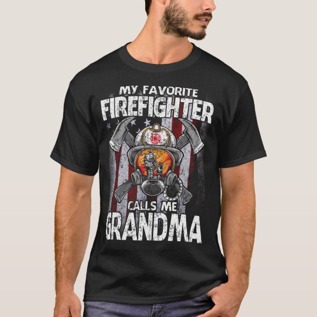 T-shirt Mon pompier favori m'appelle GRANDMA USA Drapeau (Devant)