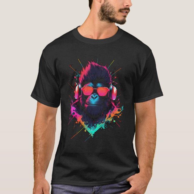 T-shirt Monkey Dj Avec Casques Et Lunettes De Soleil Disco (Devant)
