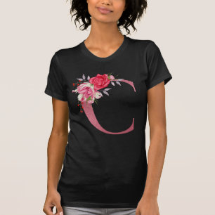T-shirt Monogramme Aquarelle Fleurs Rose Alphabet Or C