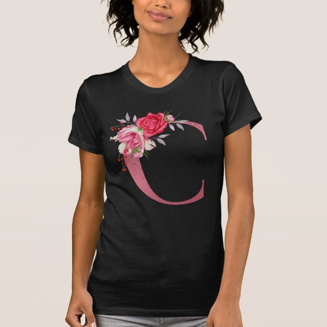 T-shirt Monogramme Aquarelle Fleurs Rose Alphabet Or C (Devant)