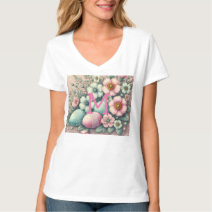 T-shirt Monogramme dentelle rose fleurie oeufs de Pâques d