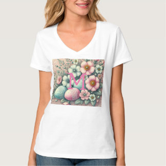 T-shirt Monogramme dentelle rose fleurie oeufs de Pâques d
