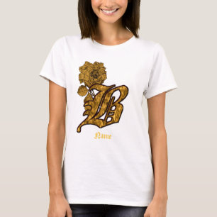 T-shirt Monogramme Initiale B Fleur de Pivoine en Or Perso