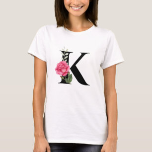 T-shirt Monogramme Lettre initiale K en noir avec rose ros