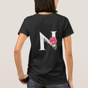T-shirt Monogramme Lettre initiale N en blanc avec rose ro