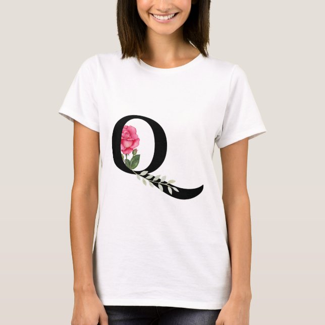 T-shirt Monogramme Lettre initiale Q en noir avec rose ros (Devant)