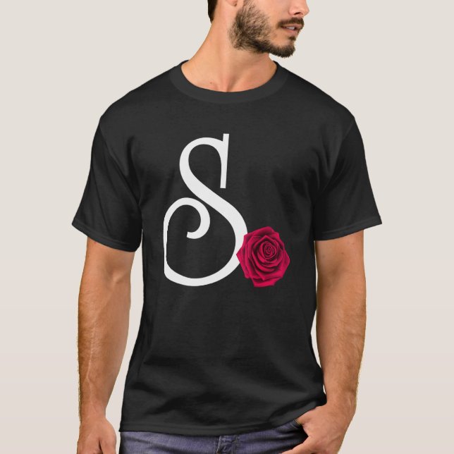T-shirt Monogramme Lettre initiale S avec Rose rouge sur B (Devant)