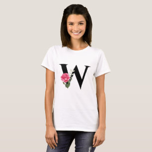 T-shirt Monogramme Lettre initiale W en noir avec rose ros