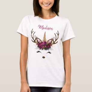 T-shirt Monogramme or rose foncé Noël Unicorn Reindeer