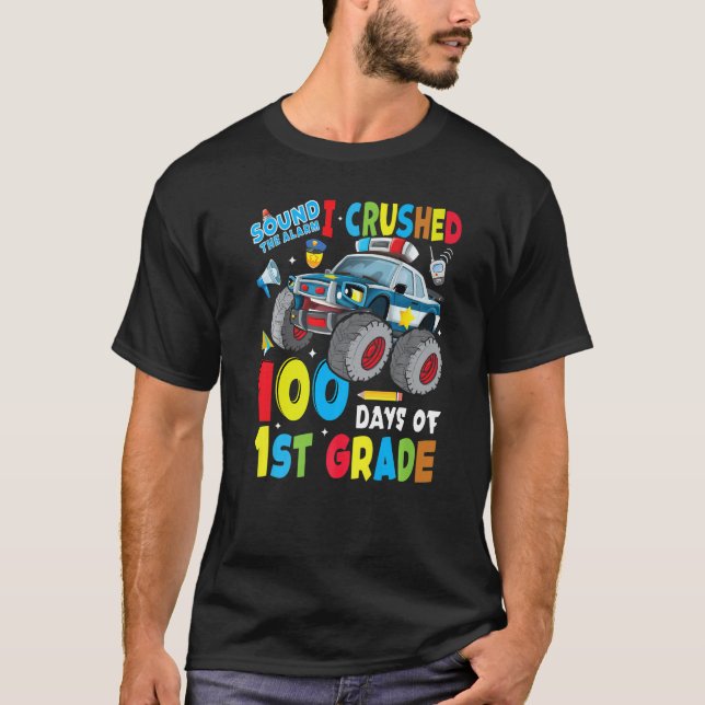T-shirt Monster Truck Police Car 100 Days Of School 1st Gr (Devant)
