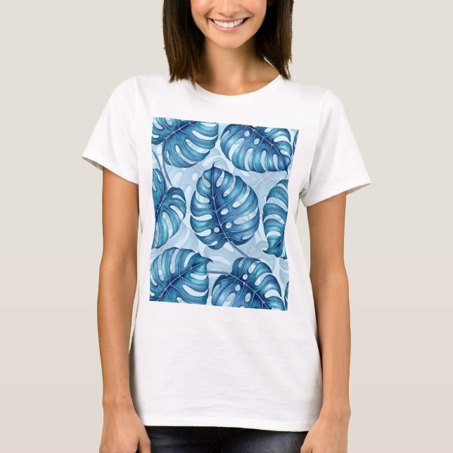 T-shirt Motif d'aquarelle Monstera bleu (Devant)