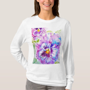 T-shirt Motif d'aquarelle Pansy sur panneaux bleu violet
