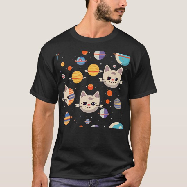 T-shirt Motif De Chats Visages Dans L'Espace (Devant)
